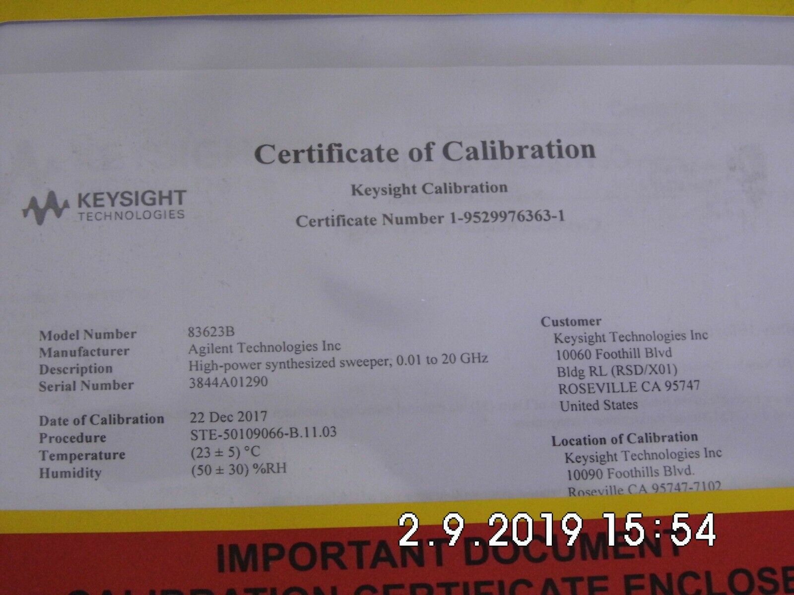 Agilent HP 83623B w/001/008 High Power Synthesized Sweeper- exp. Keysight Cal. Agilent HP 83623B w/001/008 High Power Synthesized Sweeper- exp. Keysight Cal.